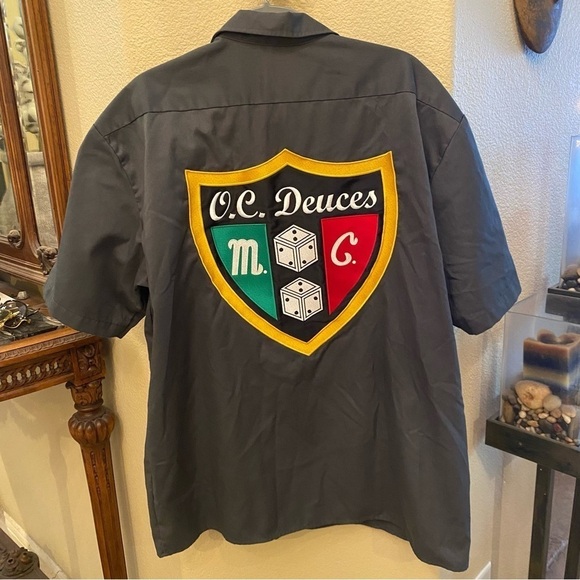 DICKIES Men Gray O.C. Deuces M. C. Embroidery Button Short Sleeve Top Size XL